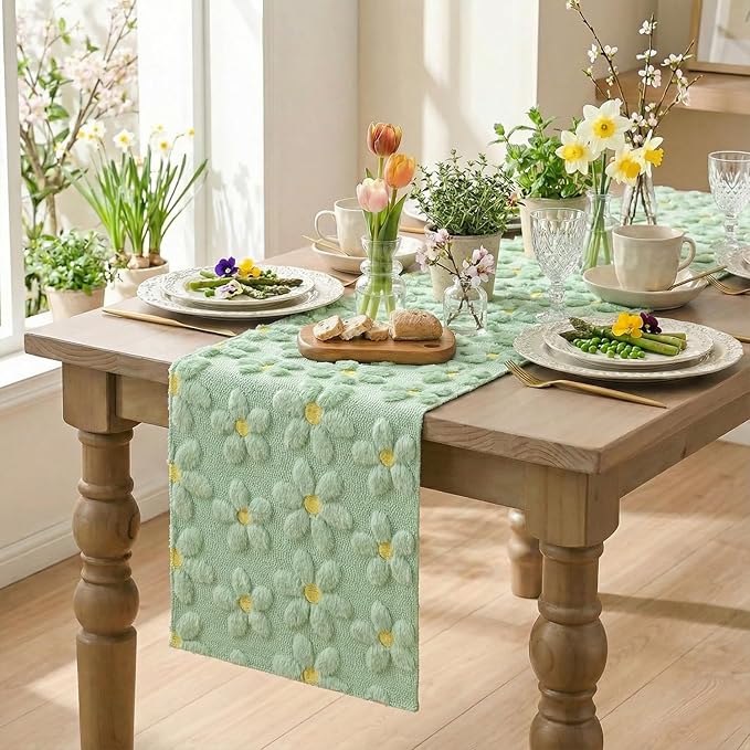 Artoid Mode Green Soft Plush Faux Fur Jacquard Embroidery Daisy Spring Table Runner, Kitchen Dining Table Decoration for Home Party Decor 13x120 Inch