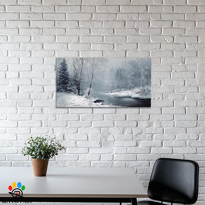 GUTTATY Christmas Winter Scene Canvas Wall Art, Snowy River Landscape Canvas Prints, Frosted Forest Picture Wall Decor Artwork for Living Room, Bedroom, Holiday Season Decoration, 48x24 Inch