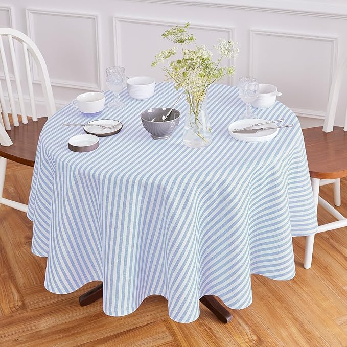 Solino Home Linen Round Tablecloth 70 Inch - Amalfi Stripe, 100% Pure Linen Sky Blue and White Round Tablecloth - Machine Washable Table Cloth