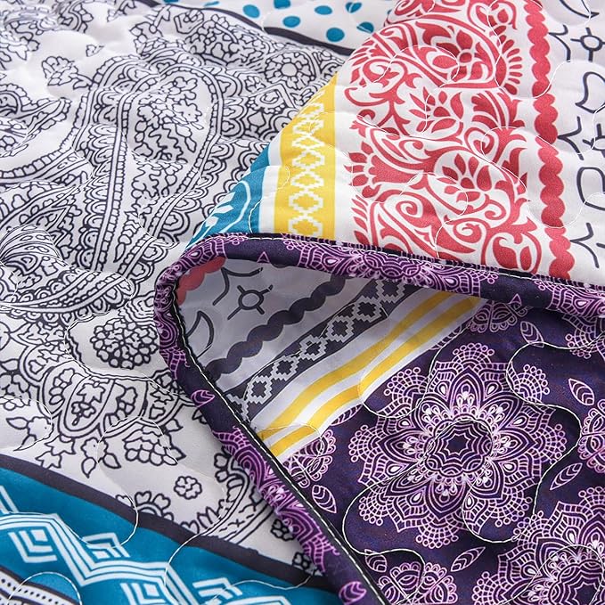 DURLENGEN Bohemian Quilt Set Queen Size 3Pcs, Purple & Teal & Yellow Stripes Design, All Season Lightweight Coverlet Sets (Queen 90x96, Purple)