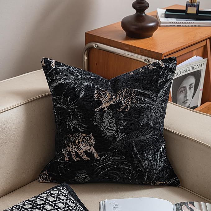 New 18x18'' inches Throw Pillow Cushion Covers - Black Color with Chenille Jacquard Embroidery Golden Tiger Luxury Modern Style Couch Sofa Bed Pillow Cover for Living Room Bedroom