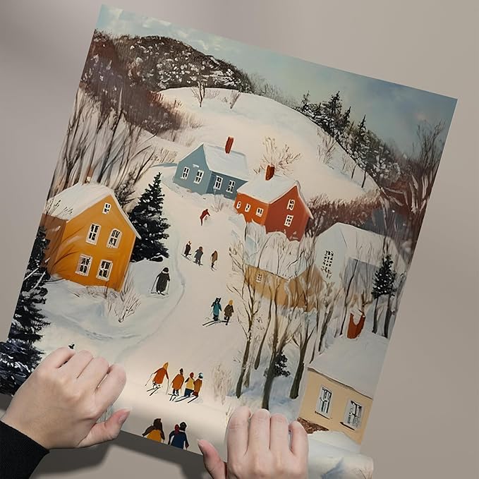 OZCONO Winter Town Wall Art for Christmas Home Decor, Cozy Snowy Village Scene for Holiday, Vintage Winter Artwork, Farmhouse Seasonal Home Accent, Xmas Print, Noel Design (Unframed) (27x40)