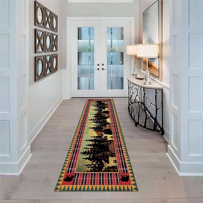 Retro Farmhouse Black Bear Hallway Rug Runners,4x10ft,Rustic Cottage Bear Fawn Print Rugs,Reddish Brown Buffalo Check and Geometric Patterns Carpet,Anti-Slip Washable Mat for Family Runner