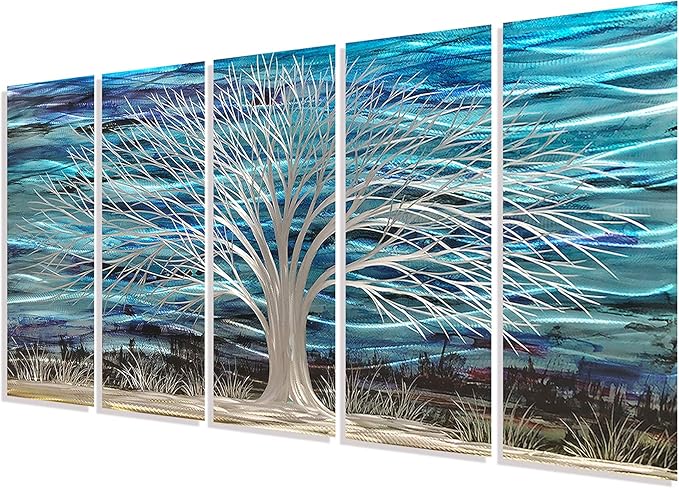 RICHSPACE ARTS 3D Blue Abstract Metal Wall Art Bright Silver Tree Metallic Artwork on Aluminum for Living Room Large Modern Sculpture Decor for Bedroom Entryway