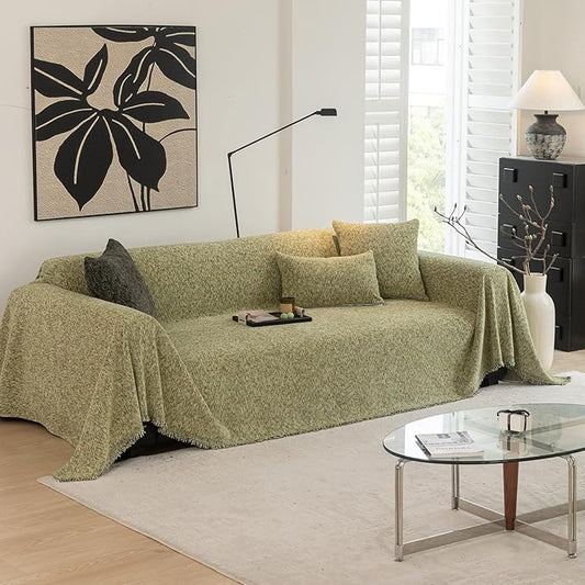 DREAMINGO Thickened Chenille Couch Cover 71x118 Inch Washable 2-Seater Sofa Covers Living Room Sectional Couch Slipcovers Modern Furniture Protector with Tassel, Green
