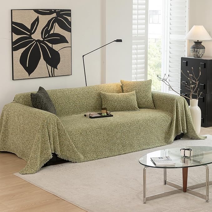 DREAMINGO Thickened Chenille Couch Cover 71x134 Inch Washable 3-Seater Sofa Covers Living Room Sectional Couch Slipcovers Modern Furniture Protector with Tassel, Green