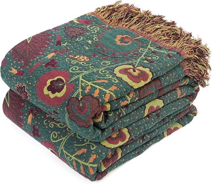 Boho Throw Blanket for Bed 100% Cotton Ultra Soft Rustic Quilt Farmhouse Decor Bed Fall Blanket,All Season Rustic Throw for Sofa Couch Chair (Flower-Dark Green, 90"×98")