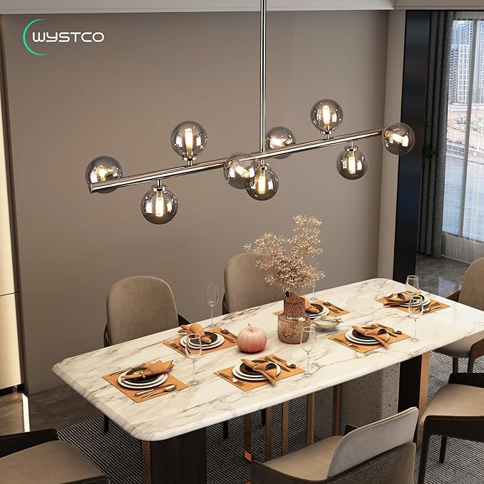 Mid Century Modern Globe Sputnik Chandelier, 9-Light Linear Chandeliers for Dining Room and Kitchen Island, Dining Light Fixture Over Table, Nickel and Smoke Grey Glass Bubble, 40 Inch