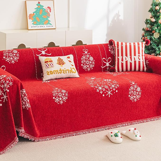 hyha Couch Cover for Dogs, Boho Sofa Covers for 3 Cushion Couch Washable, Chenille Sofa Slipcover for Pets, Soft Loveseat Sectional Couch Throw Blankets with Tassels (Red Snowflakes, 88.5x118 Inch)
