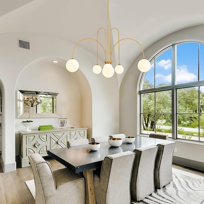 Gold Sputnik Chandelier,6 Lights Modern Chandelier for Dining Room Mid Century Chandelier Large L49” Ceiling Pendant Light Fixtures with Milk Glass Globe Shades for High Ceiling Foyer Living Room