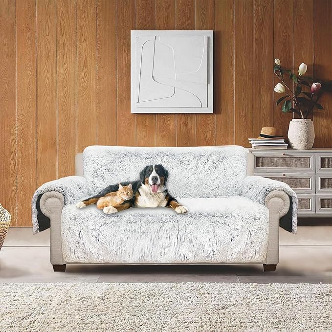 Plush and Fuzzy Shaggy Couch Cover, Dog Pad Faux Fur Sofa Cover, Water Resistant Slipcover, Non-Slip Furniture Protector for Kids,Dogs,Cats.(Magic Gray, Large Sofa)
