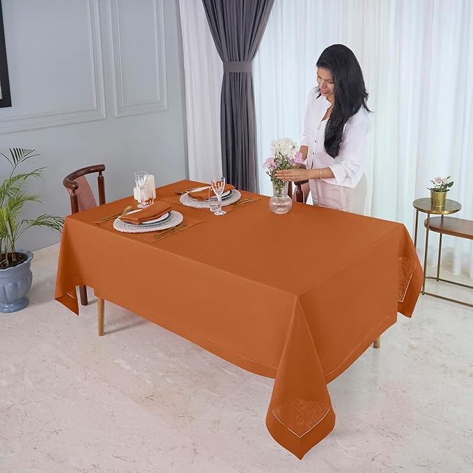 D'Moksha Homes Rust Linen Tablecloth for Rectangle Tables 60 x 144 Inch - 100% Pure Linen Rust Table Cloth - Classic Hemstitch, Machine Washable Dining Tablecloth for Thanksgiving, Holiday