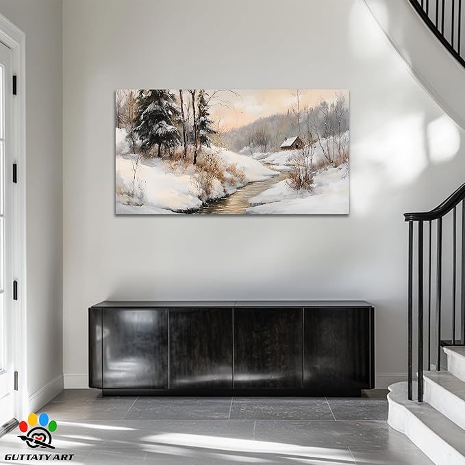 GUTTATY Christmas Winter Scene Canvas Wall Art, Snowy Landscape Wall Painting, Tranquil River Cabin Canvas Prints, Winter Poster Wall Decor for Living Room, Bedroom, Holiday Home, 32x16 Inch