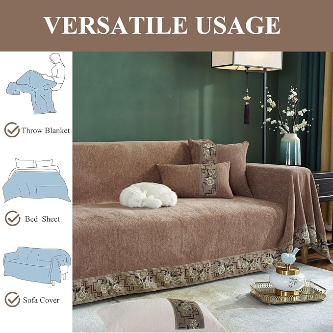 DREAMINGO Sofa Covers for 3 Cushion Couch Solid Thickened Chenille Couch Cover Multi-Use Furniture Protector Cover for Dogs Cats Luxury Jacquard Edge Universal Sofa Cover Blanket (X-Large, Brown)