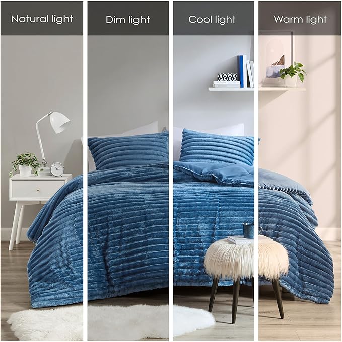 Intelligent Design Twin Comforter Set, Cozy Plush Bedding, Microfiber Reverse, 2 Piece, Lightweight, Super Soft Ribbed Velvet Comforter 1 Sham, All Season Fluffy Bed Set, Avril, Twin/Twin XL Blue