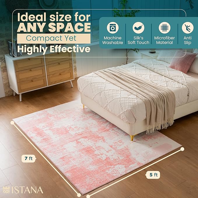 Istana 5x7 Area Rug - Pink Rugs for Living Room 5x7 - Foldable Rugs for Bedroom - Stain Resistant Washable Rug - Eco-Friendly Boho Area Rugs - Easy to Clean Living Room Rug
