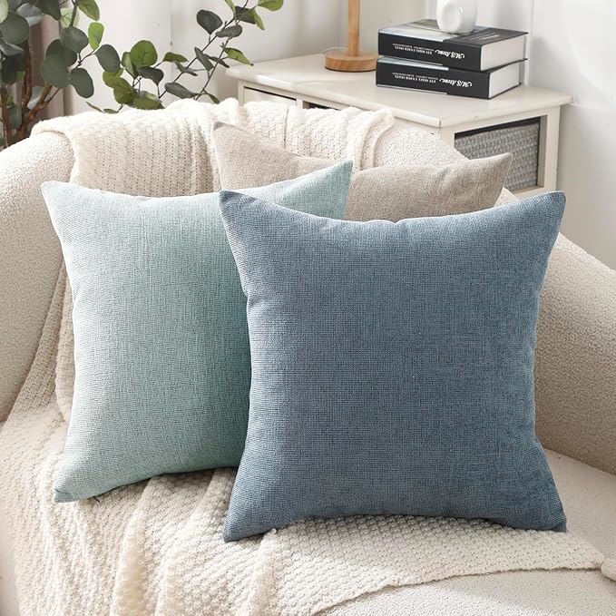 Jepeak 16x16 Inch Decorative Chenille Throw Pillow Covers, Pack of 2 Cozy Concise Pillow Cases Soft Farmhouse Modern Square Cushion Cover for Sofa Couch Bed Home Decor, Dusty Blue