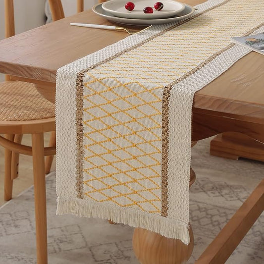Boho Burlap Macrame Table Runner, Farmhouse Style Cotton Linen Rustic Woven Table Runner with Tassels for Dining, Wedding, Bridal Shower, Bohemian (12x72 inch, Yellow Grid)