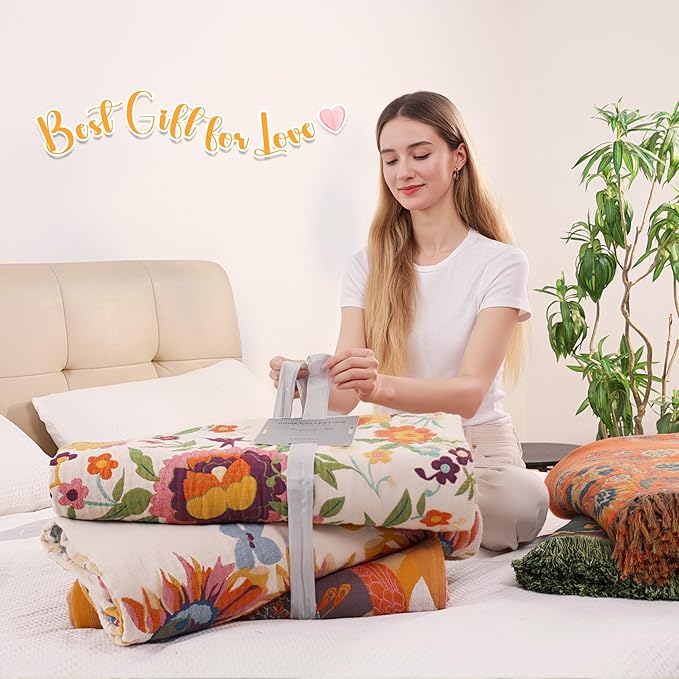 Boho Throw Blanket, 100% Organic Muslin Cotton Skin-friendly Breathable Ultra Soft Bed Quilt Throw - All Season Bohemian Decor Luxury Colorful Blanket for Sofa Couch Chair and Gift. 80" x 90"