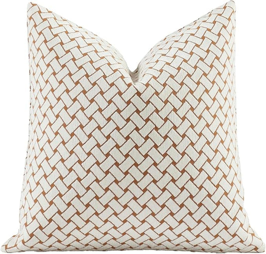 2025 New 22x22'' inches Throw Pillow Cushion Covers - Woven Grid Orange Color Chenille Jacquard Embroidery Luxury Modern Style Couch Sofa Bed Pillow Cover for Living Room Bedroom