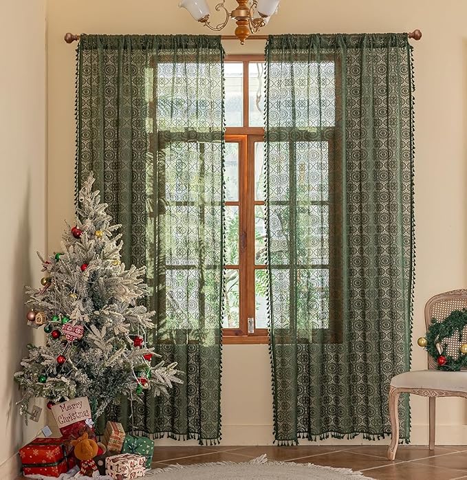 YJ YANJUN Dark Green Lace Curtains 90 Inches Long 2 Panels Boho Crochet Curtains with Tassel for Living Room Country Farmhouse Hollow Drapes for Glass Slide Patio Door W59 x L90 Green