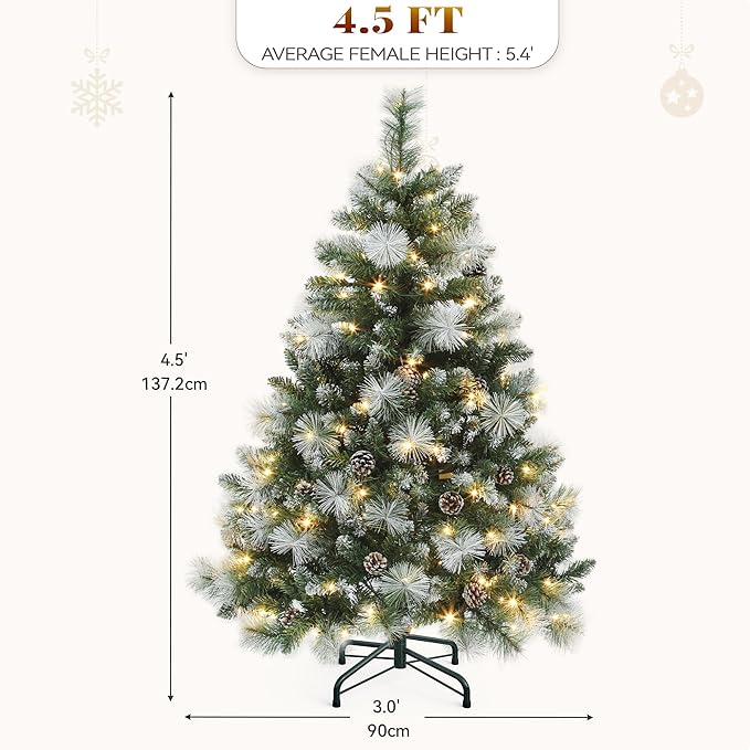 YITAHOME 4.5ft Prelit Scotch Pine Christmas Tree with Remote Control, Pre-Decorated Frosted Christmas Tree with Pine-Cones & Needles, Warm White/Multicolor Changing Lights for Home/Office