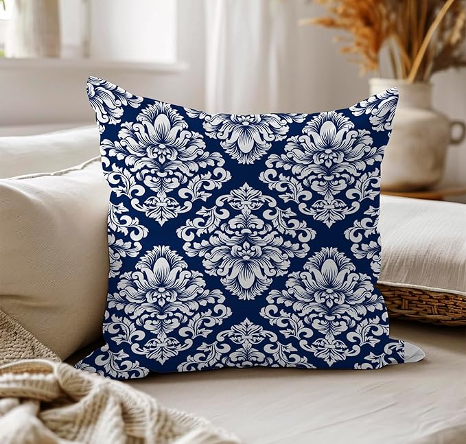 LOVOUS Navy Blue and White Damask Throw Pillow Covers 18x18 Inch Set of 2, Vintage Linen Decorative Pillow Covers for Bed Couch Sofa Bedroom Living Room Home Decor, B14