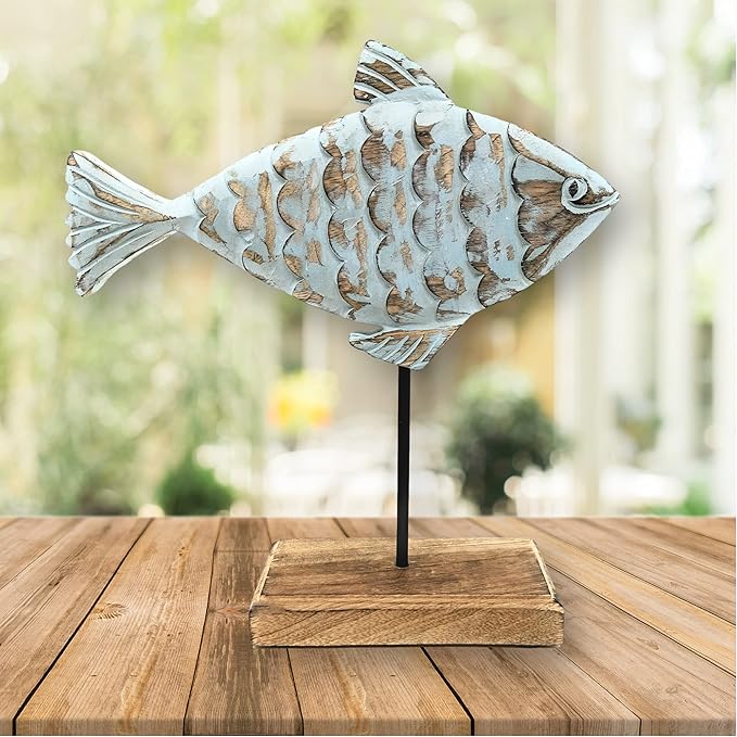Wooden Fish Sculpture Home Decor | Handmade Surgeon Fish Statue on Stand | Sea Nautical Beach House Decor Art Piece | Rustic Centerpiece Table Decor for Office, Living Room (Surgeon Fish)