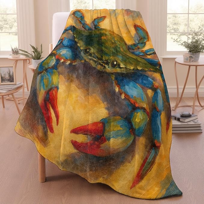 Colorful Blue Crab Throw Blanket for Adutls Kids, 60x80 in, Cozy Soft Warm Fleece Blankets Gifts for Couch, Camping, Hiking Decor