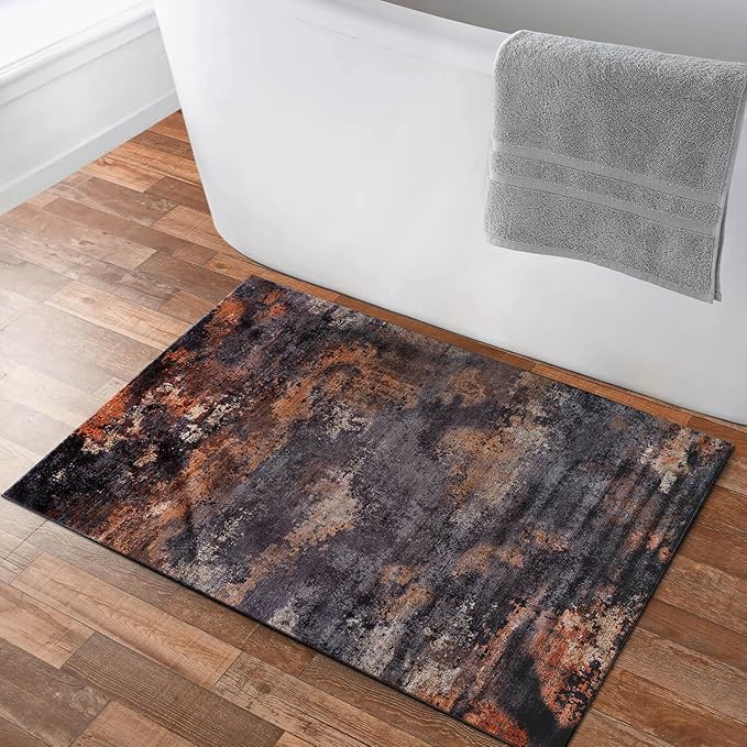 Non Slip Rugs 2x3 Modern Abstract Easy Silk Rubber Backing Soft Entryway Area Rug for Door Mat Easy to Clean Non Shedding Kitchen for Bedroom Indoor Carpet (Black - Copper, 2x3)