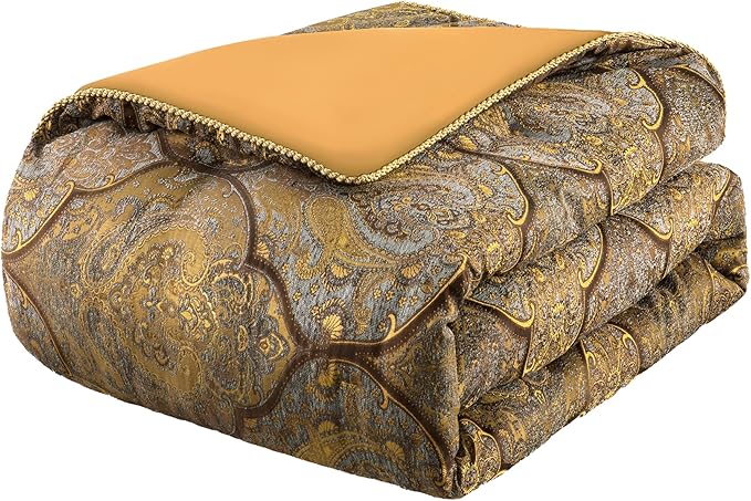 Loom and Mill 9-Piece Jacquard Comforter Set, Luxury Classic Antique Comforter Queen Sets, Ultra Soft Damask Bedding with Euro Shams, Bedskirt, Filled Decorative Pillow for Home (Bronze Gold, Queen)