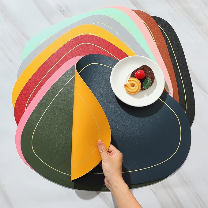 4 Pack Faux Leather Placemats Set,Round PU Dinning Table Mats,Wipeable Easy to Clean Stain Resistant Heat Resistant Waterproof Place Mats Durable Plate Mats for Table Nordic Style(Blue&Yellow)