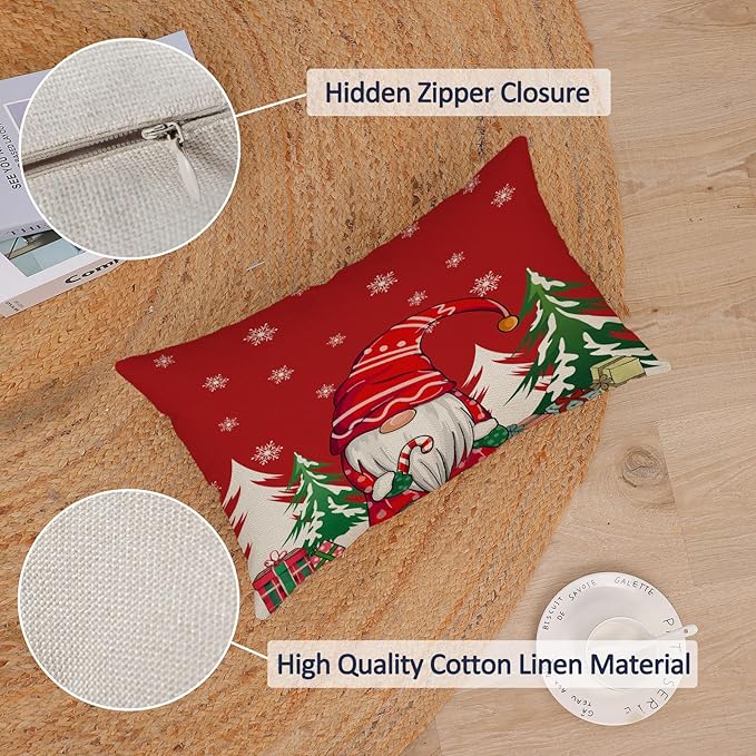 Neatee Living Christmas Pillow Covers 12x20 Set of 4 Red Xmas Vintage Throw Pillows Christmas Tree Gnome Snowman Pillow Cases Outdoor Sofa Couch Cushion Covers for Home Decorations (12 by 20)