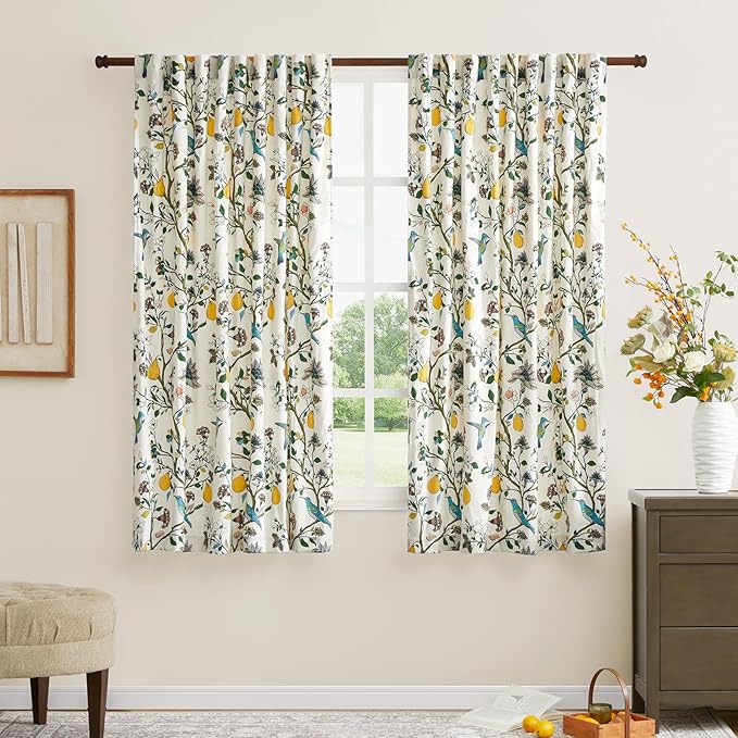 MUSSEL Velvet Whimsical Floral Curtains 63 inches Long,White Luxury Botanical Room Darkening Curtain Drapes,2 Panels Mid Century Hummingbird Art Deco Window Curtains for Living Room Bedroom