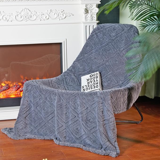 Geometric 50x70 Inch Flannel Jacquard Throw Blanket- Soft & Cozy Luxurious Blankets for Couch, Bed, Sofa, Travel，Home and Dorm Decor，Housewarming Gift for Women & Men,Dark Grey