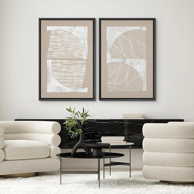 SIGNWIN Framed Canvas Print Wall Art Set Grunge Tan White Art Deco Polygons Abstract Shapes Illustrations Minimal Decorative Nordic Zen Bohemian for Living Room, Bedroom, Office - 24"x36"x2 Black