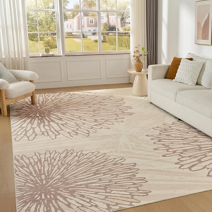 WITSHOCK 12x14 Area Rugs for Living Room: Beige Floral Washable Rugs for Bedroom Dining Room Office Nursery Modern Non-Slip Stain Resistant Low Pile Home Decor（Beige/Brown,12'x14'）