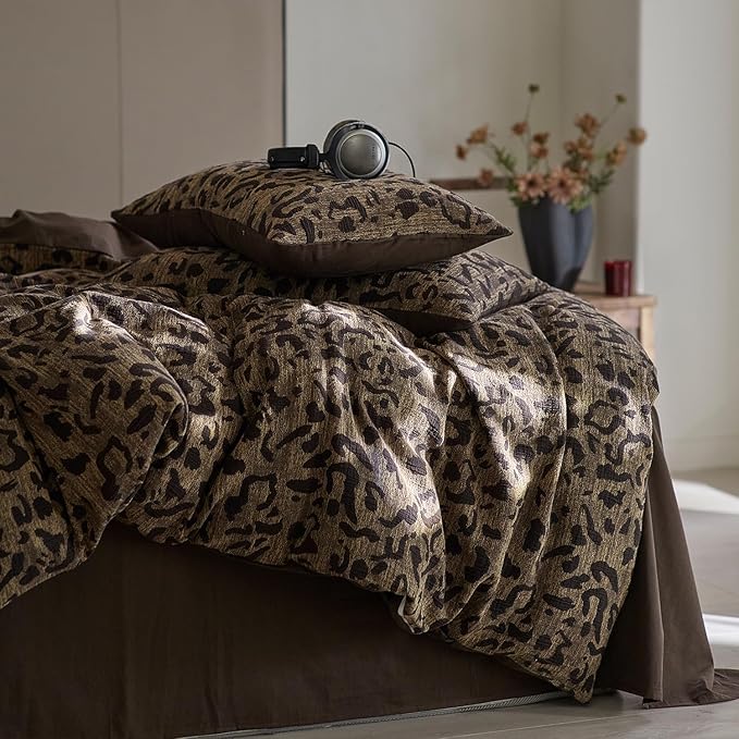 mixinni Leopard Duvet Cover Queen Size Yarn-Dyed Leopard Print Jacquard Cotton Duvet Cover Set-Vintage Floral Pattern Bedding Set with Pillowcases Perfect for Him and Her-(Queen Size, Brown)