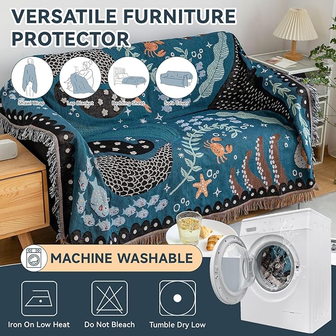 VClife Cute Couch Cover Sofa Covers for Dog, Non Slip Couch Covers for 3 Cushion Couch Sofa, Sea Fish Shark Mermaid Pattern Couch Slipcover for 3 Seater, Soft Cotton Linen Sofa Protector, 71"X134"