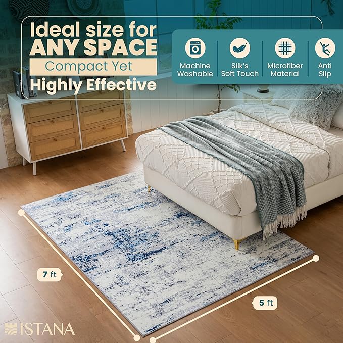 Istana 5x7 Area Rug - Blue/White Rugs for Living Room 5x7 - Foldable Rugs for Bedroom - Stain Resistant Washable Rug - Eco-Friendly Boho Area Rugs - Easy to Clean Living Room Rug