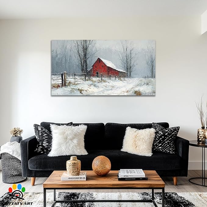 GUTTATY Christmas Winter Scene Canvas Wall Art, Rustic Red Barn Pictures, Snowy Landscape Wall Print, Country Farmhouse Canvas Painting, Festive Hanging Artwork for Living Room Decor, 60x30 Inch