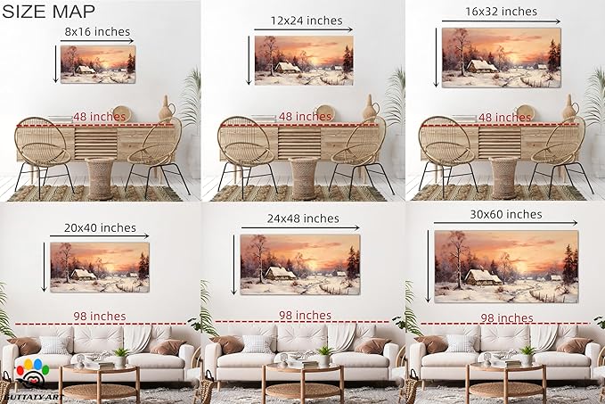 GUTTATY Christmas Winter Scene Canvas Wall Art, Cozy Snow Village Canvas Print, Rustic Country House Wall Painting, Winter Sunset Landscape Poster for Living Room, Bedroom, Hallway, 40x20 Inch