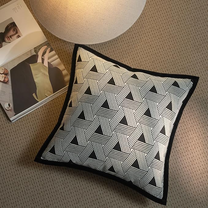 New 20x20'' inches Throw Pillow Cushion Covers - Triangle Black Color Chenille Jacquard Embroidery with Edge Strip Luxury Modern Style Couch Sofa Bed Pillow Cover for Living Room Bedro