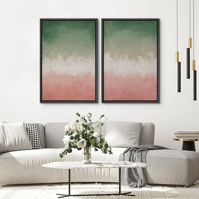 SIGNWIN Framed Canvas Print Wall Art Set Green and Pink Ombre Abstract Contemporary Gradient Modern Art Minimal Boho Relax/Calm for Living Room, Bedroom, Office - 16"x24"x2 Black