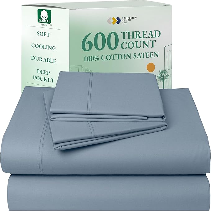 California Design Den - Luxury Full Size Sheet Set - 100% Cotton, 600 Thread Count Deep Pocket Full Size Bed Sheets, Hotel-Quality Cooling Sheets with Sateen Weave - Pastel Blue