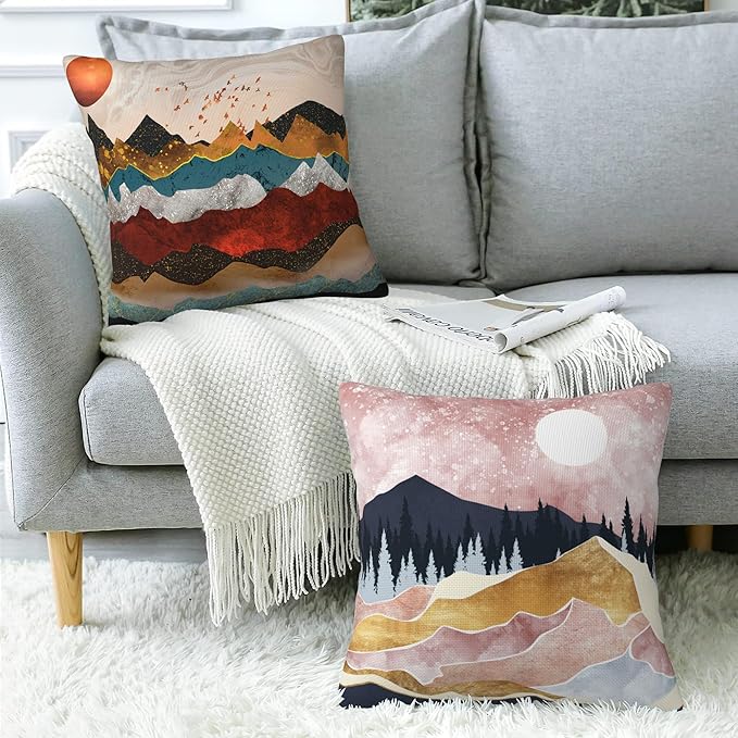 Throw Pillow Covers Golden Mountains Pillow Covers 18x18 Inch Set of 2 Colorful Mountains Throw Pillows Decorative Pillow Cases Cushion Covers for Bedroom Livingroom Sofa Farm House