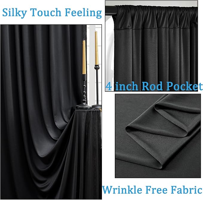 40ftx10ft Wrinkle Free Black Backdrop Curtain for Parties, 8 Panels 5x10ft Silky Polyester Black Photo Backdrop Drapes for Birthday Wedding Graduation Retirement Photography Background