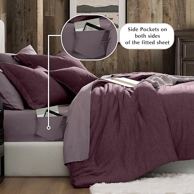 Geniospin Purple Full Comforter Set - 7 Pieces Eggplant Comforter Full Size, Solid Bedding Set for All Season, Textured Bed in a Bag with Sheets