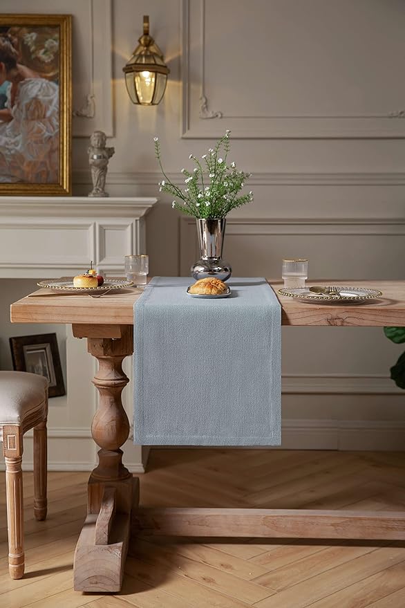 ZeeMart Burlap Style Farmhouse Table Runners 108 Inches Long, Dusty Blue Rustic Woven Dining Table Runner for Everyday Use, 14x108 Inches, Light Dusty Blue