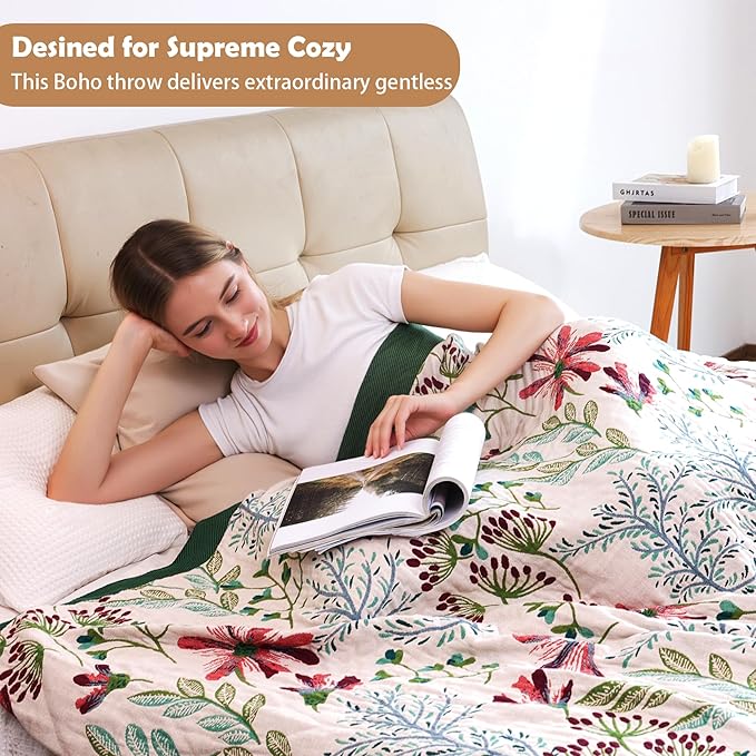 Boho Throw Blanket, 100% Organic Cotton Breathable Ultra Soft 50" x 60" Bed Quilt Throw - All Season Floral Rustic Farmhouse Decor Luxury Reversible Blanket for Sofa Couch Chair and Gift